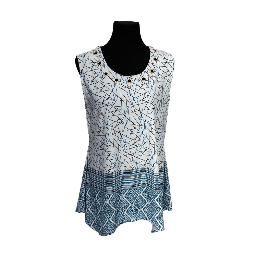 Robert Louise Medallion Border Print Grommet Scoop Neck Swing Tank Top Large